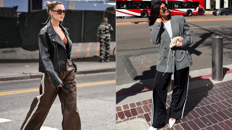 A woman wearing leather track pants and a leather jacket next to a woman wearing a blazer with track pants