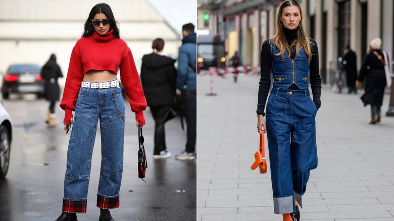A person posing in cuffed jeans with tartan hems and a person wearing cuffed blue denim with a matching vest
