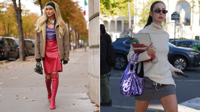 A woman wearing a purple top and red skirt on the left and a woman wearing a purple bag on the right