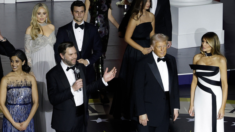 Usha Vance, Tiffany Trump, JD Vance, Michael Boulos, Donald Trump, and Melania Trump at the 2025 Inaugural Ball