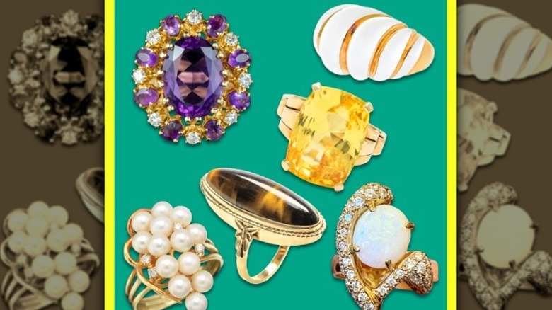 Six cocktail rings on green background