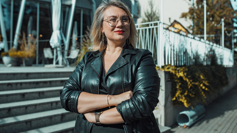 woman in leather jacket