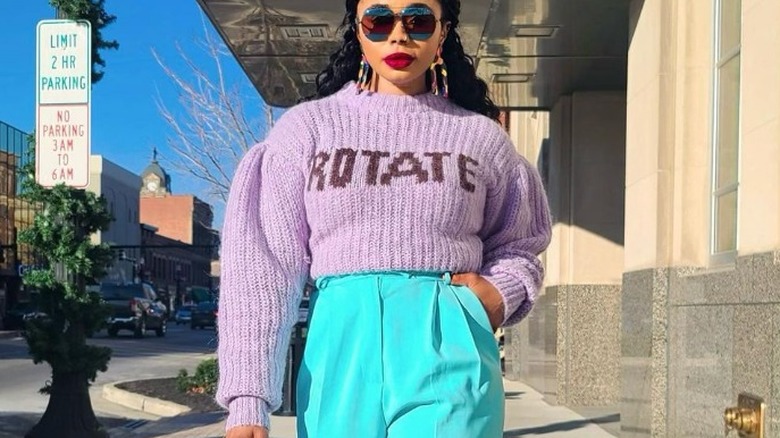 pastel purple top bably blue pants