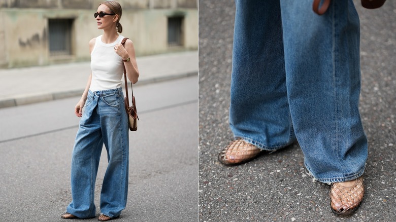 Women wearing baggy jeans and mesh jelly shoes