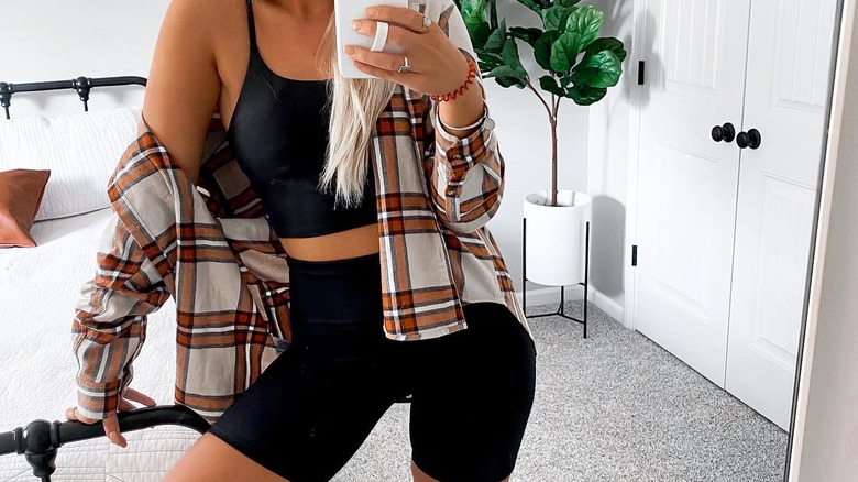 Flannel and athleisure outfit