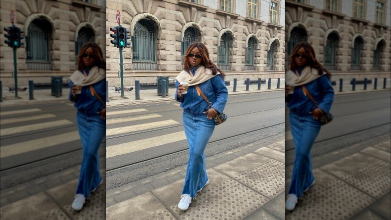 woman wearing denim outfit