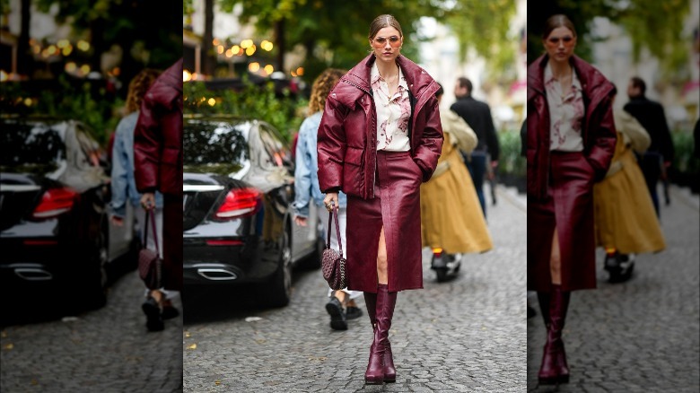 Monochrome leather puffer coat look