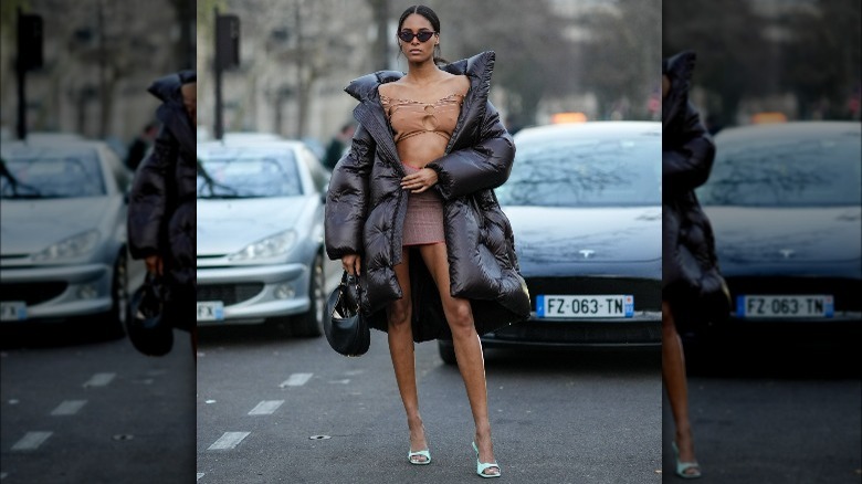 Puffer coat with skirt and crop top