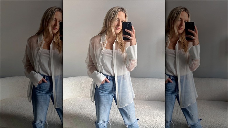 woman wearing sheer button-down