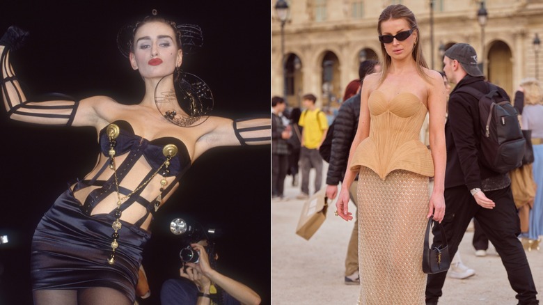Model at a Jean Paul Gaultier fashion show and woman wearing a corset dress