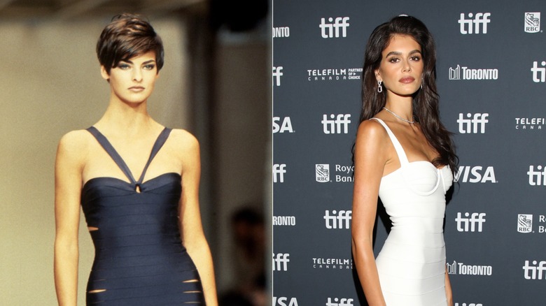 Linda Evangelista and Kaia Gerber wearing bodycon dresses