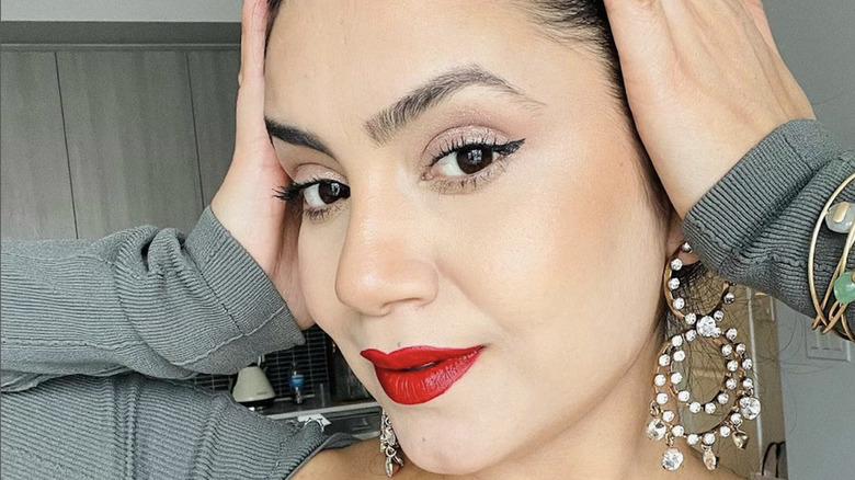 woman with matte red lips 