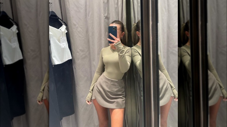 woman wearing suede skirt