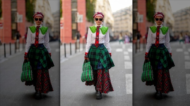 woman wearing plaid maxi skirt