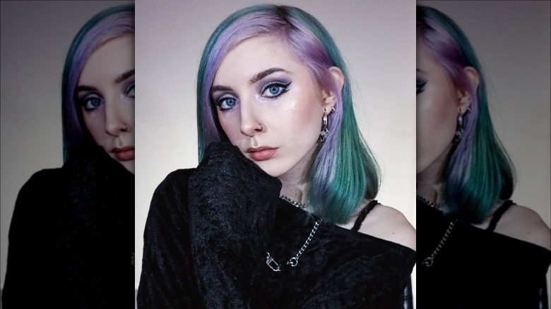 Girl with green, lavender underlayer