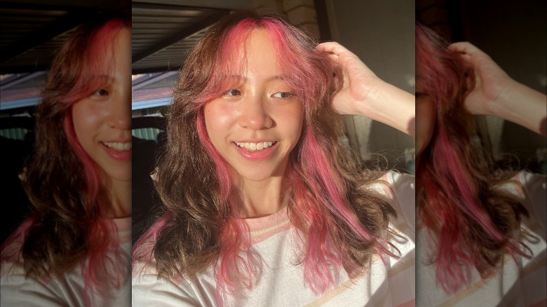 Girl with pink underlayer, bangs