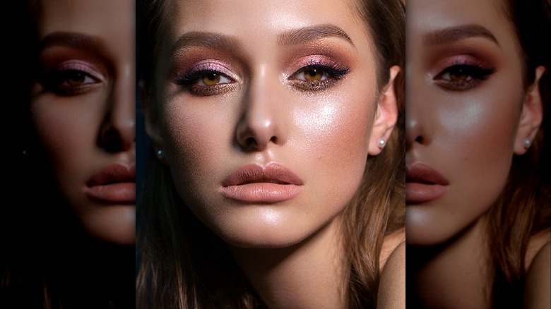Model wearing pink and peach eyeshadow