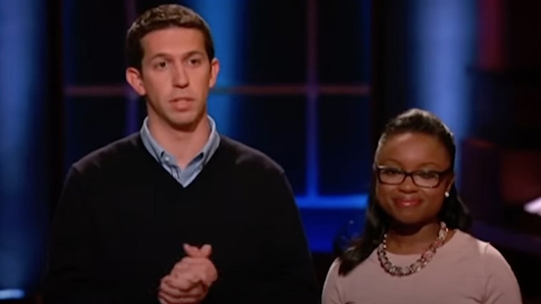 Nate Barbera and Desirée Stolar on "Shark Tank" to promote Unshrinkit