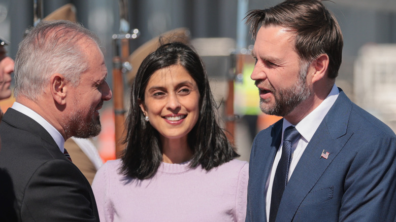 Usha Chilukuri Vance and J.D. Vance arrive in Budapest, Hungary on a sunny day