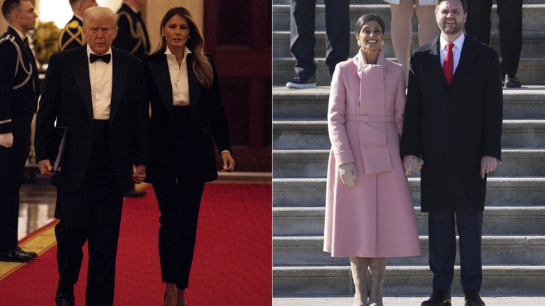 Melania Trump and Donald Trump, both wearing suits, and Usha Vance next to JD Vance in a pink coat