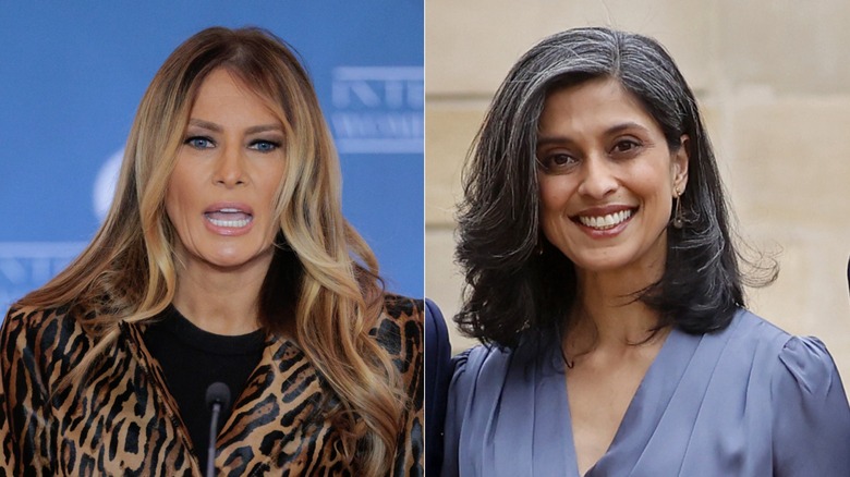 Melania Trump with heavy eye makeup and sleek waves, and Usha Vance with minimal makeup and gray hairs
