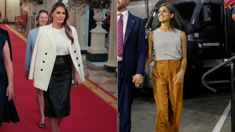 Melania Trump in a white blazer with a pencil skirt, and Usha Vance in tan trousers and a tank top