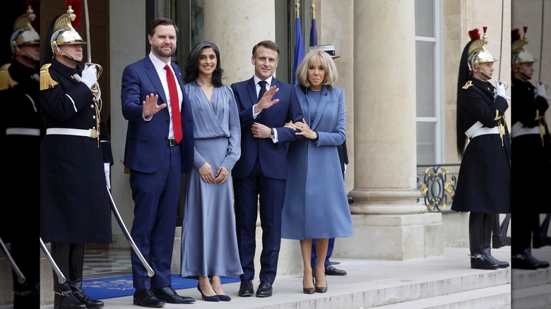 JD Vance, Usha Vance, Emmanuel and Brigitte Macron all wearing blue in France