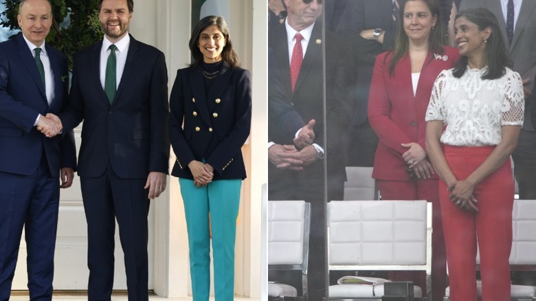 Usha Vance wearing green and red pants