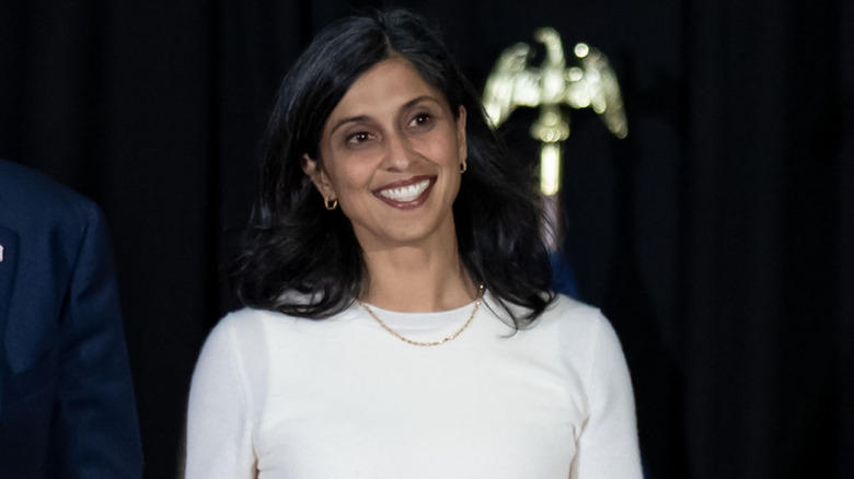 Usha Vance wearing a white sweater