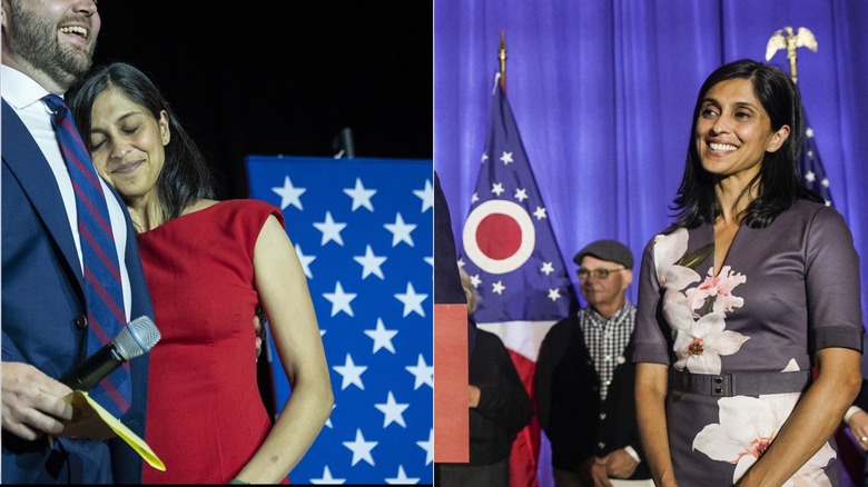 Usha Vance with JD Vance, then on her own in a floral set