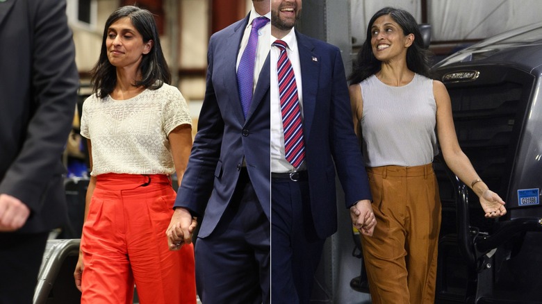 Usha Vance wearing orange pants and then brown pants