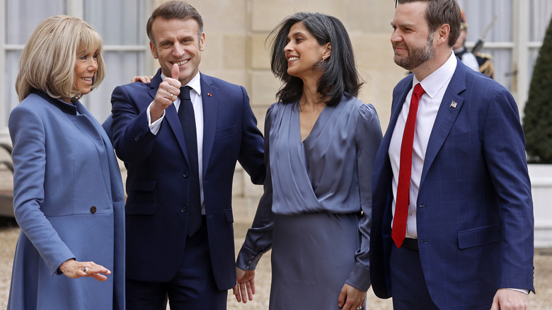 Usha Vance wearing blue satin in France