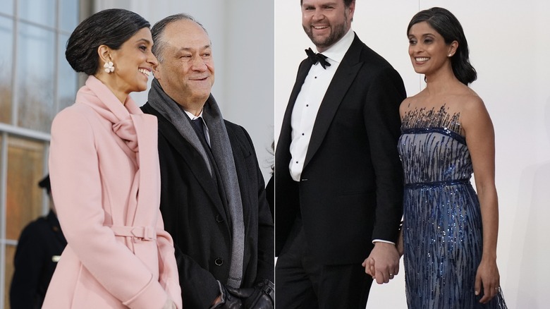 Usha Vance wearing pink and then a blue metallic gown