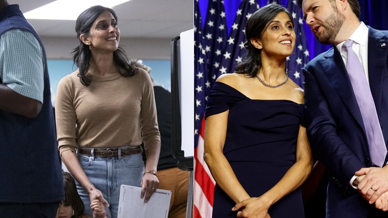 Usha Vance wearing jeans and a brown top, and then a black dress