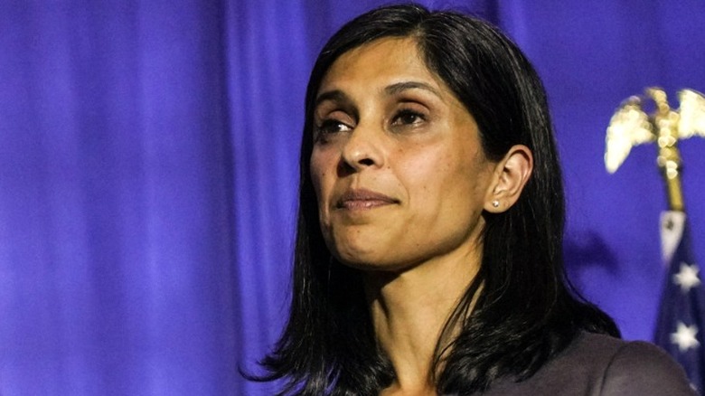 Closeup of Usha Vance on stage.