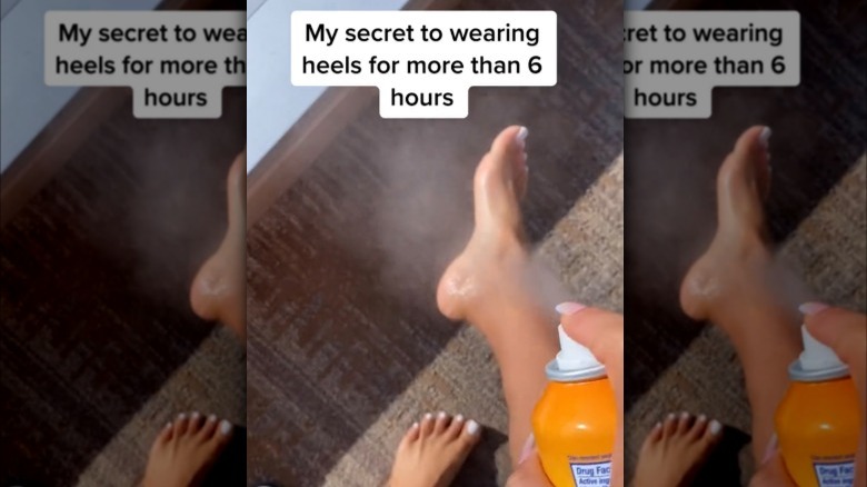 Woman spraying lidocaine on feet 