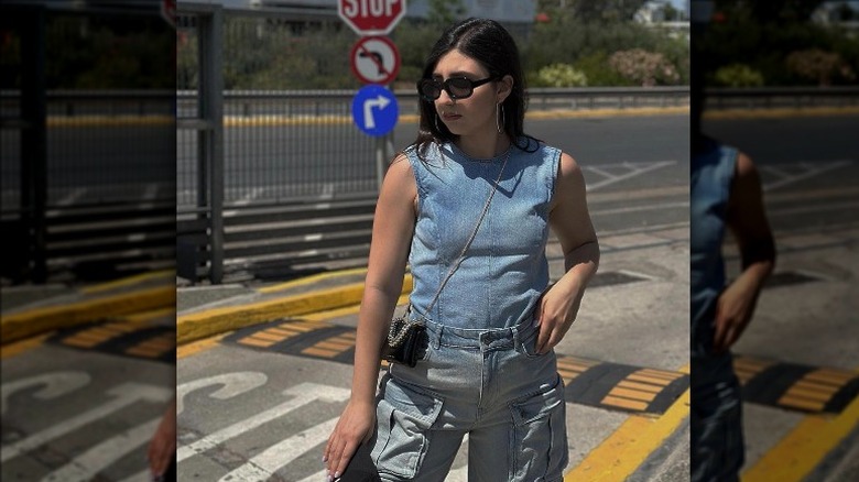 woman in denim outfit