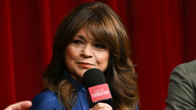 Valerie Bertinelli wearing a blue dress speaking at the SAG-AFTRA Foundation Conversations
