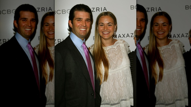 Vanessa Trump wearing a white see-through blouse with Donald Trump Jr.