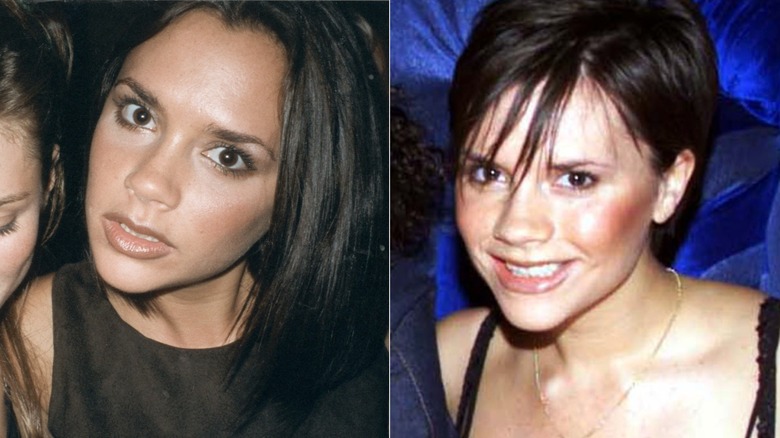 L: Singer Victoria Beckham (Posh Spice) with actress Anna Friel at a party, circa 1995 / R: Victoria Beckham (Posh Spice) poses for a group photo with other members of the Spice Girls
