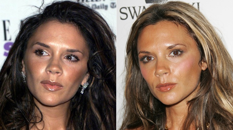 L: British pop star Victoria Beckham attends the Elle Style Awards on July 9, 2000 in London / R: Victoria Beckham wearing Roberto Cavalli during Swarovski Fashion Rocks for the Prince's Trust