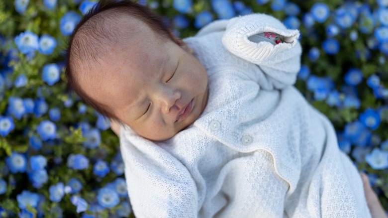 A photo of a baby in a field of flowers.