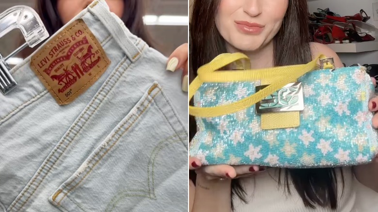 A woman finding Levi's shorts and a woman holding a vintage Fendi baguette bag