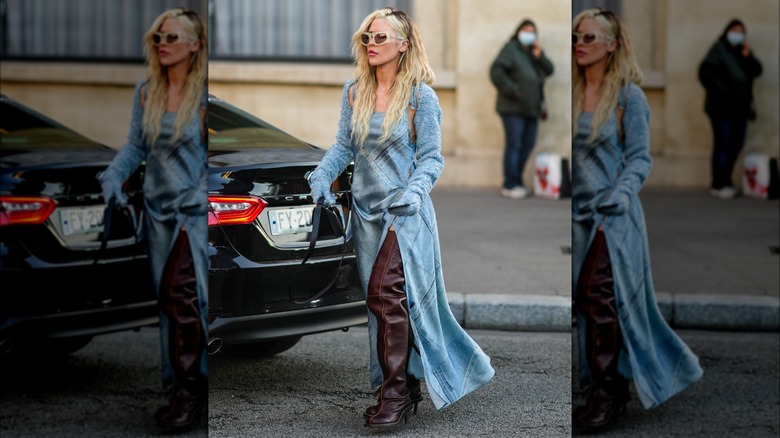 woman wearing maxi dress and boots