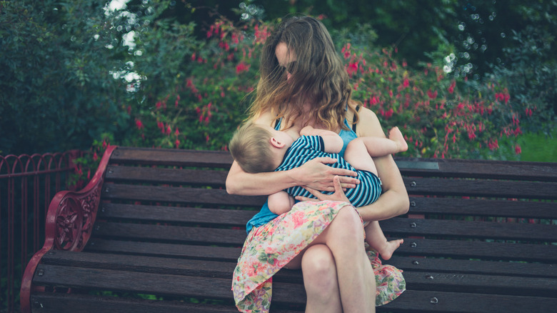 Mother nursing baby in park