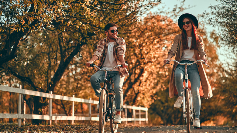 Couple on a bike ride in countryside