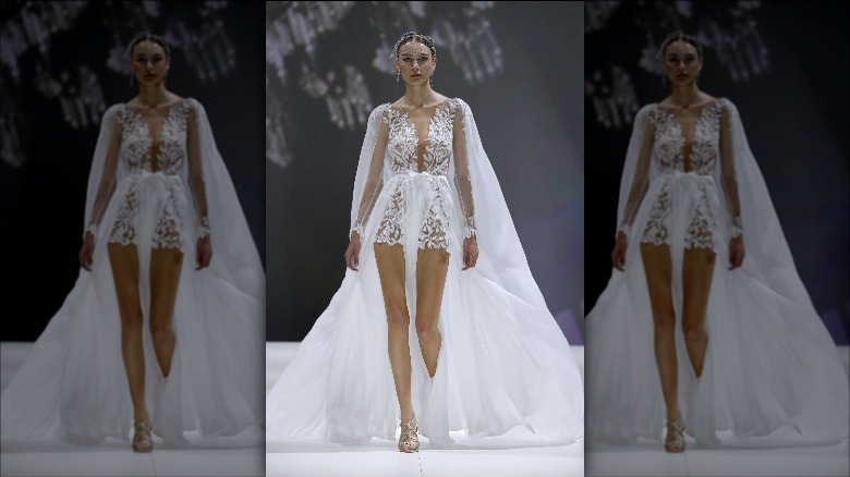 Woman in mini wedding dress 