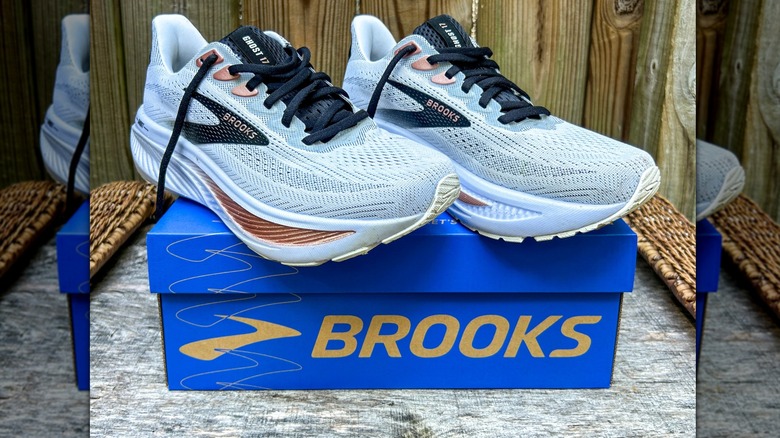Pair of Brooks Ghost shoes sitting on the box