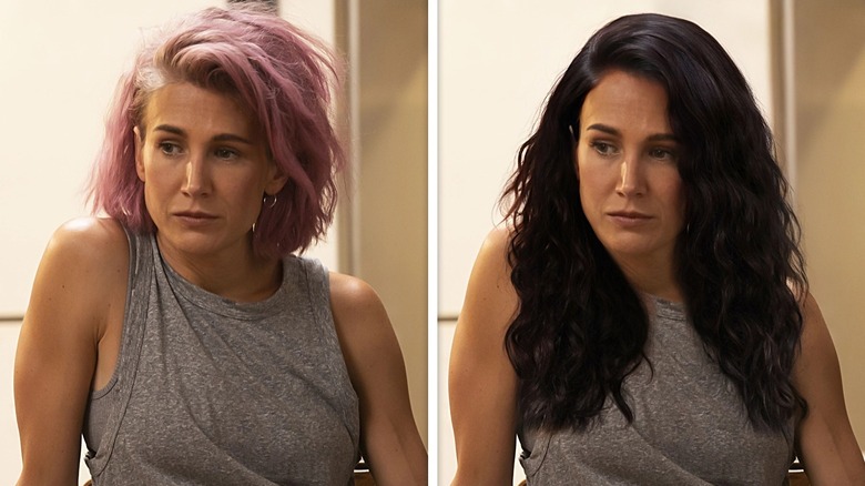 Side-by-side of Jen Landon as Teeter with short pink hair, and Photoshopped with long dark curls.