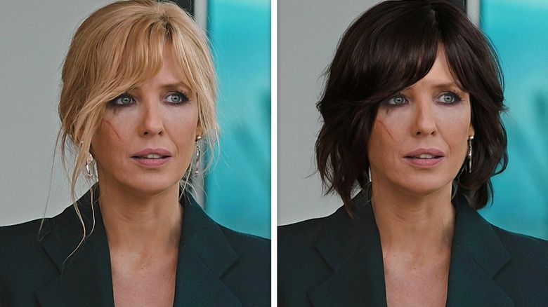 Side-by-side of Kelly Reilly with blond hair as Beth Dutton, and Photoshopped with a dark brown bob.